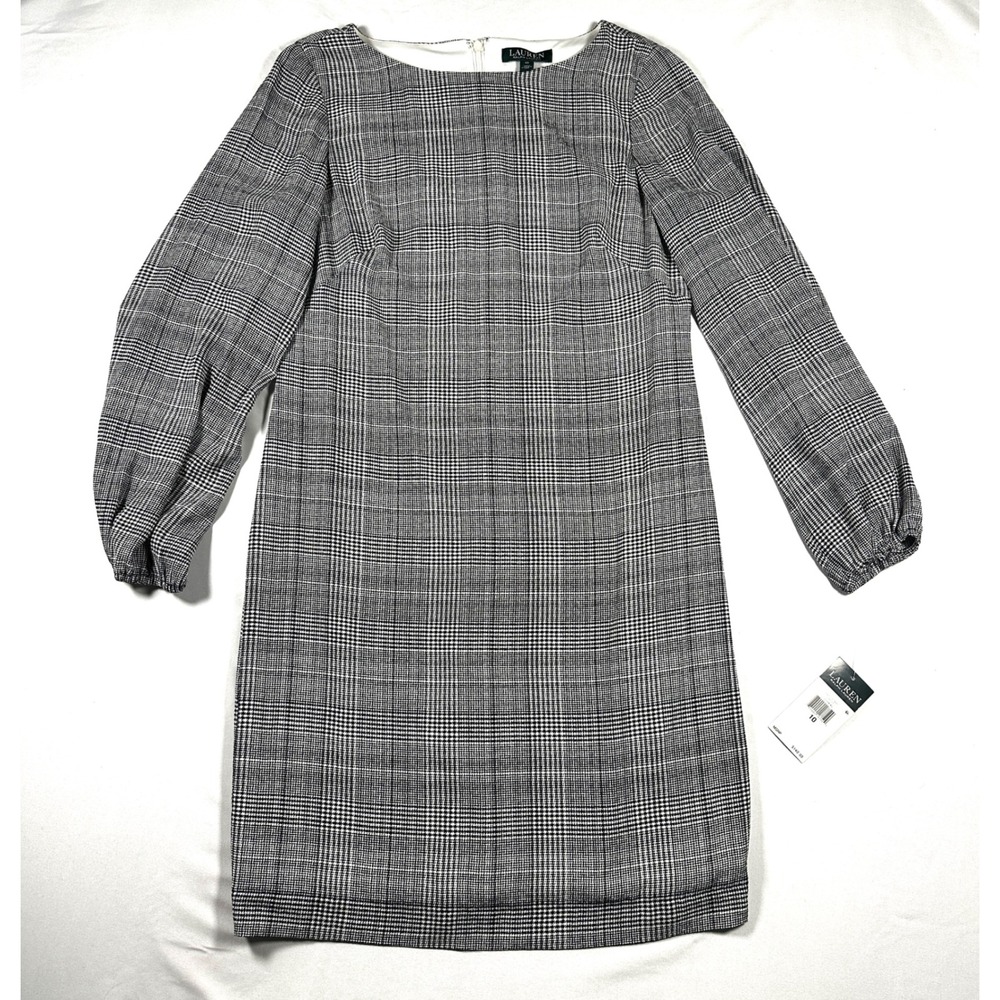 Lauren Ralph Lauren Glen Plaid Sheath Dress Cream Multi Long Sleeve Size 10 NEW